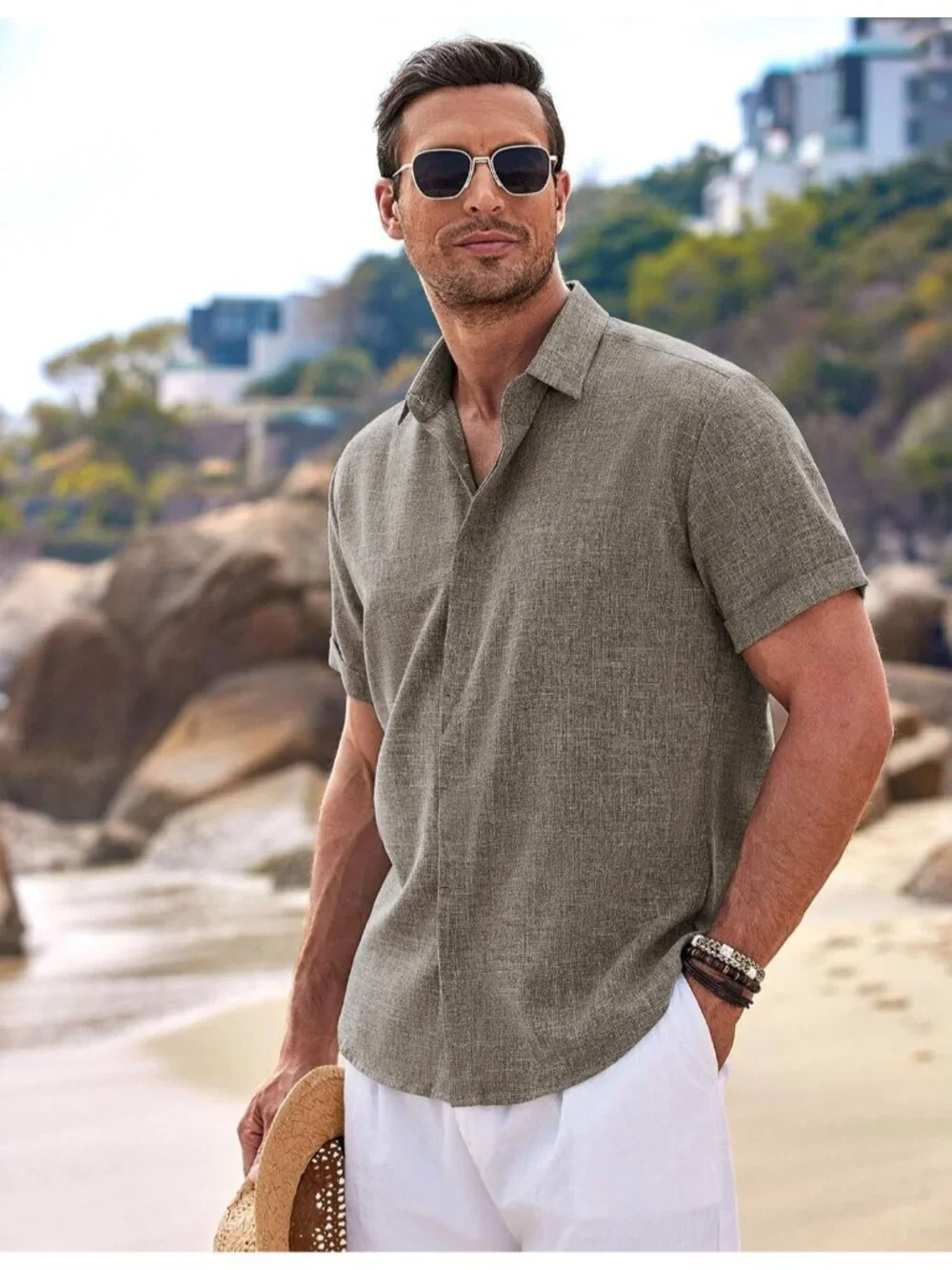 Men's Brown Classic Beach Linen Short Sleeve Summer Casual Imported Shirt